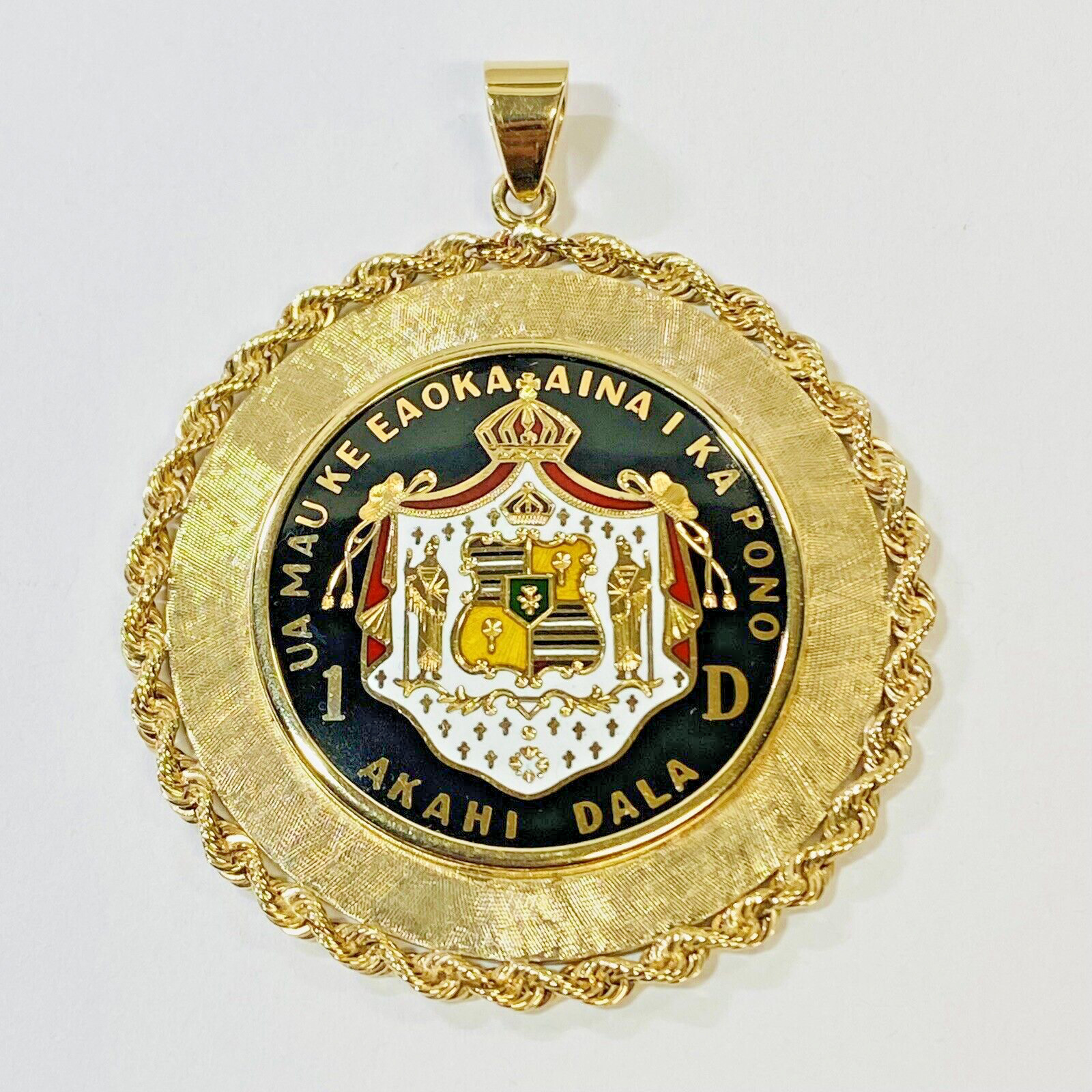 Hildgund 14K Yellow Gold Enamel Hawaii Coat of Arms Kalakaua Dollar Pendant 36g