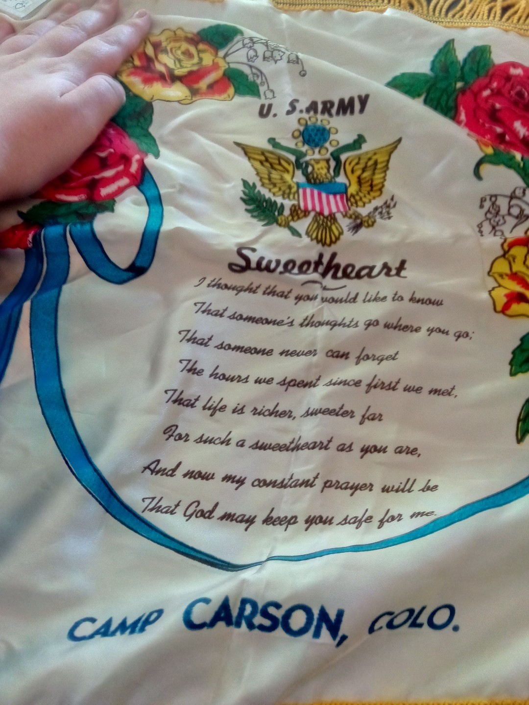 U.S. Army Camp Carson Colorado, Sweetheart Memorabillia Cloth U.S. Army Camp Carson Colorado, Sweetheart Memorabillia Cloth