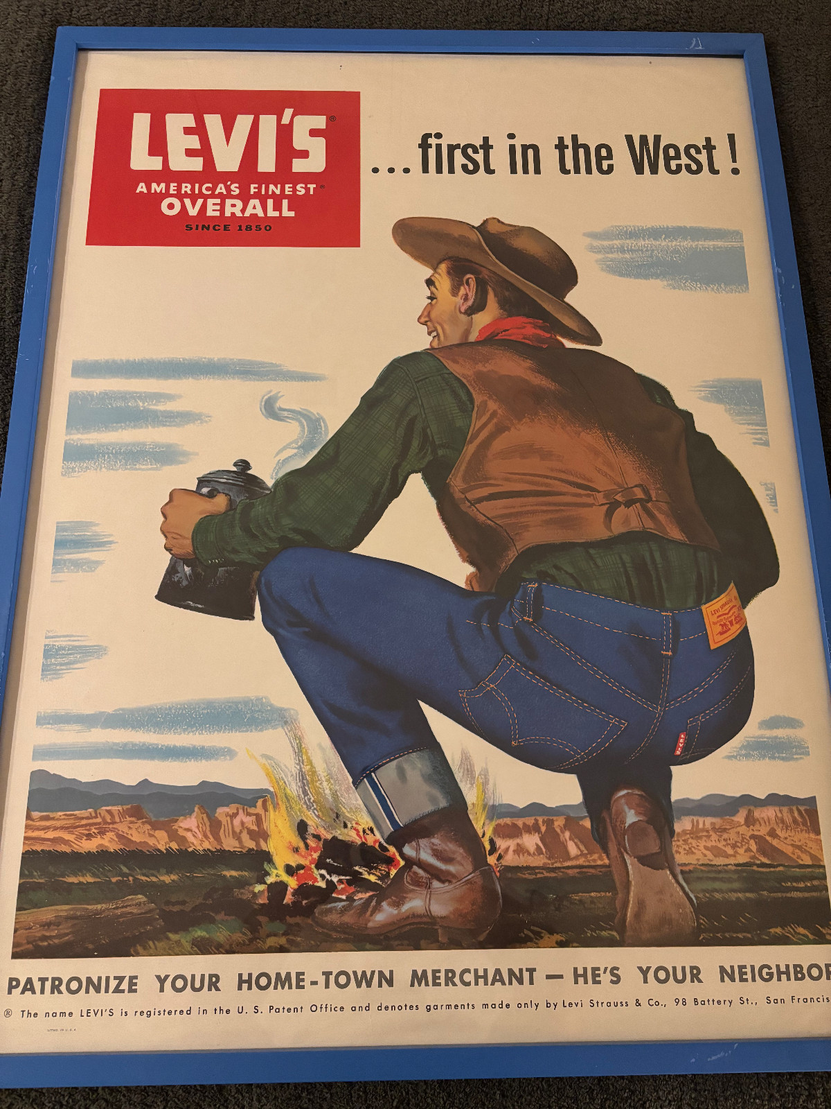 Vintage 1940s–50s Levi’s Store Poster – Original Western Cowboy – Museum Quality