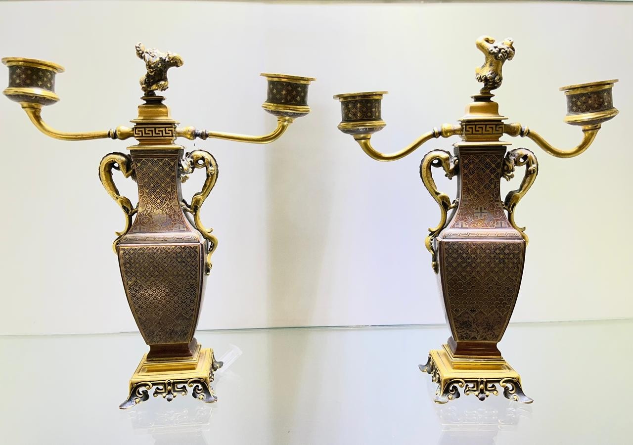 antique Japonisme candlesticks by Christofle & Cie, by Emile  Alphonse Reiber