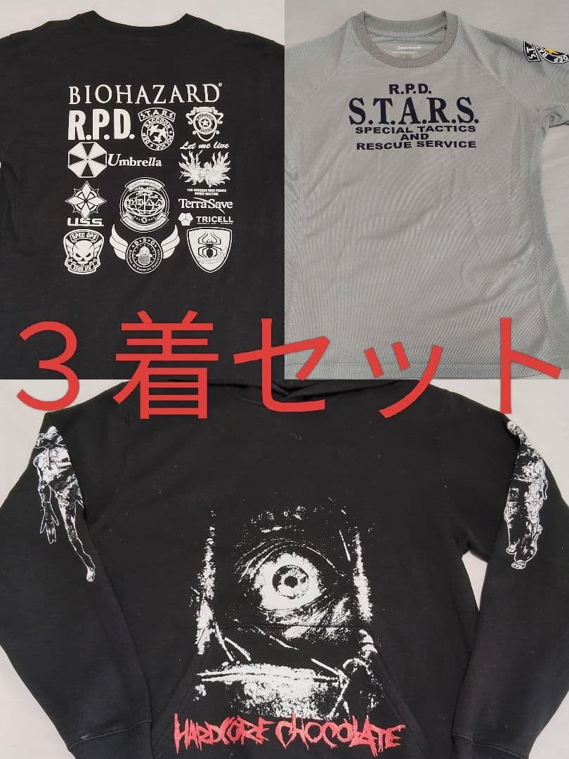 Lot of 3 BIOHAZARD Resident Evil Apparel Hoodie T-Shirt Set S.T.A.R.S. R.P.D. JP