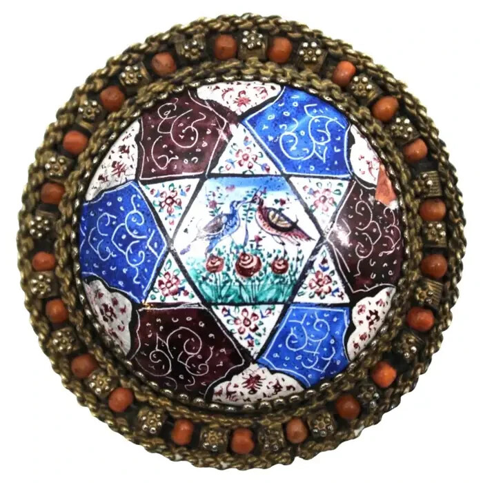 A Rare Bezalel Silver, Enamel, and Filigree Brooch, Israel, 1950s Judaica A Rare Bezalel Silver, Enamel, and Filigree Brooch, Israel, 1950s Judaica