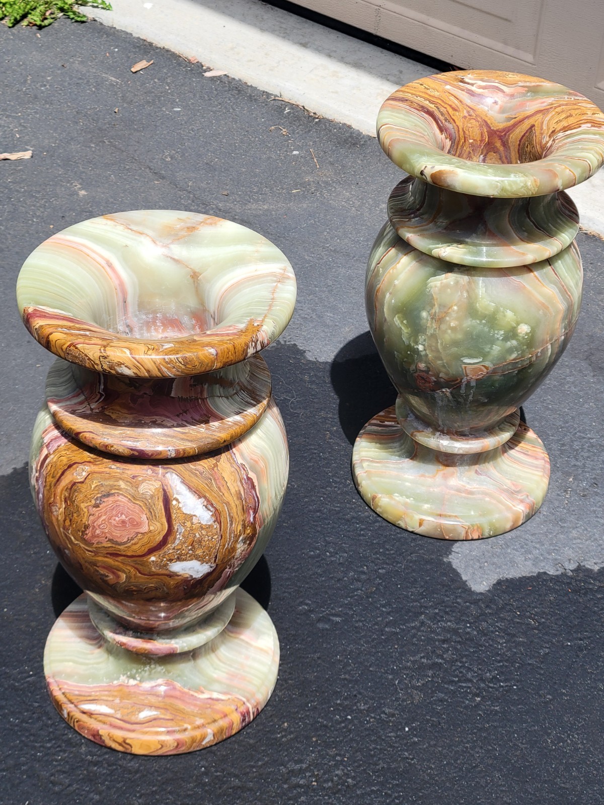 One of a kind exquisite banded Green Onyx Floor Vases - Pair (50 lbs Each)
