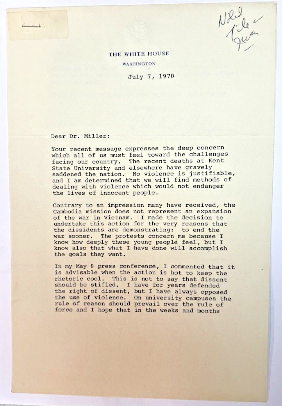 Richard Nixon 1970 Typed Letter Signed as President - Kent & Vietnam War Content Richard Nixon 1970 Typed Letter Signed as President - Kent & Vietnam War Content