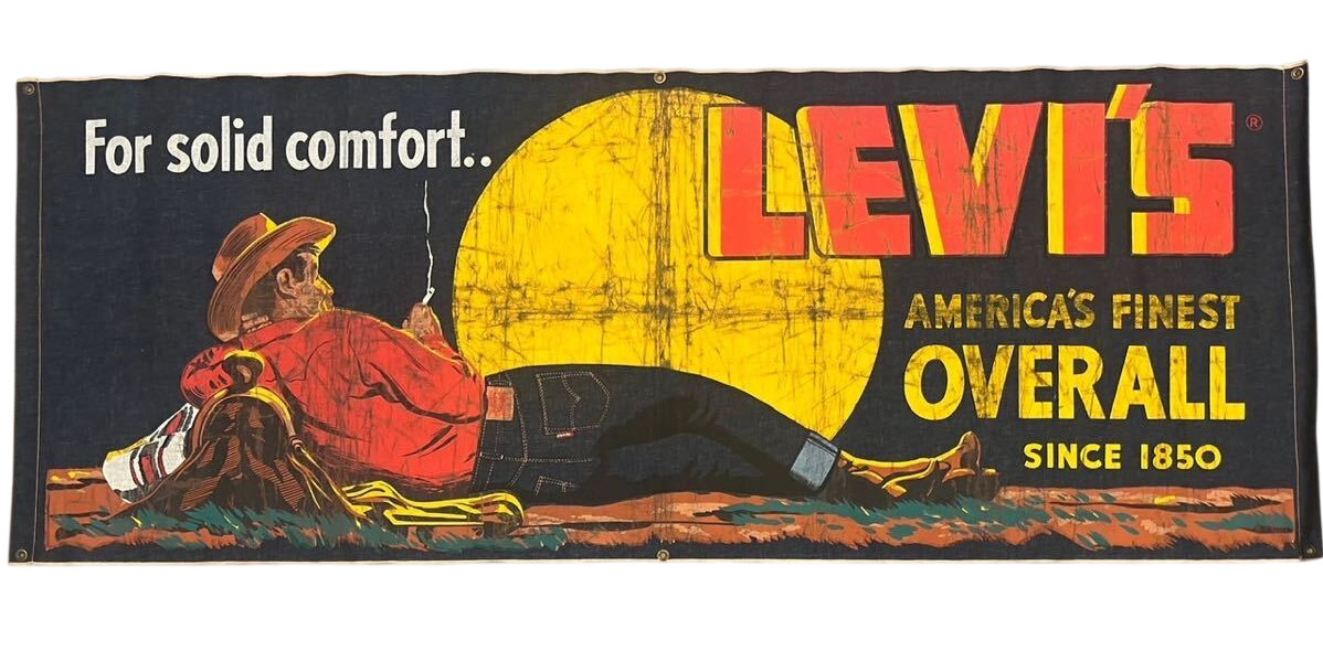 1950s LEVI'S Advertising Denim Banner Made in USA Size L 76.7 x W 29.5 in 1950s LEVI'S Advertising Denim Banner Made in USA Size L 76.7 x W 29.5 in