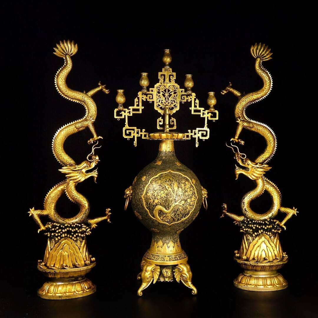 Chinese Old Copper gild bronze gold gilt incense burner dragon sculpture jqq
