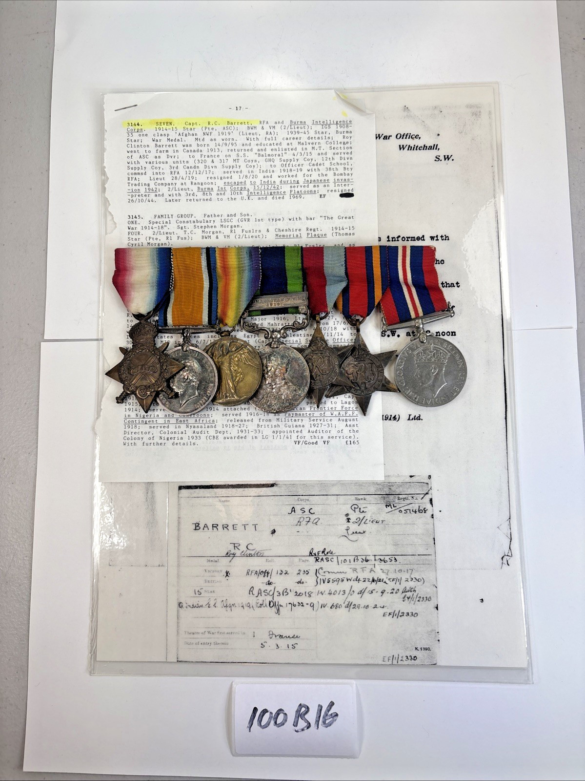 British 7-Medal Ribbon Bar R C Barrett Service Record Pre-WW1 to WW2 100B16 British 7-Medal Ribbon Bar R C Barrett Service Record Pre-WW1 to WW2 100B16