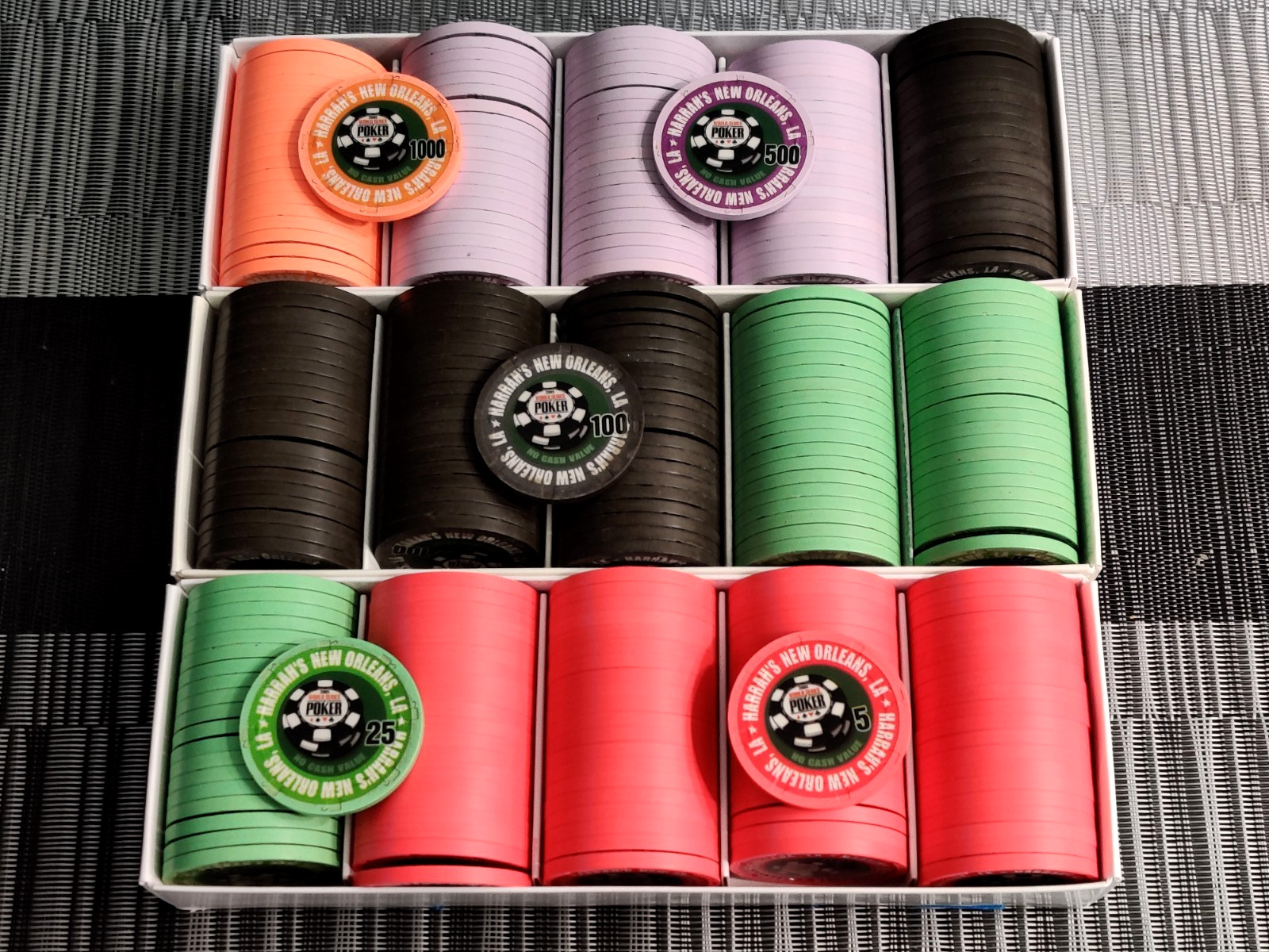 Harrah’s New Orleans World Series of Poker WSOP tournament chip set T5 - T1k Harrah’s New Orleans World Series of Poker WSOP tournament chip set T5 - T1k