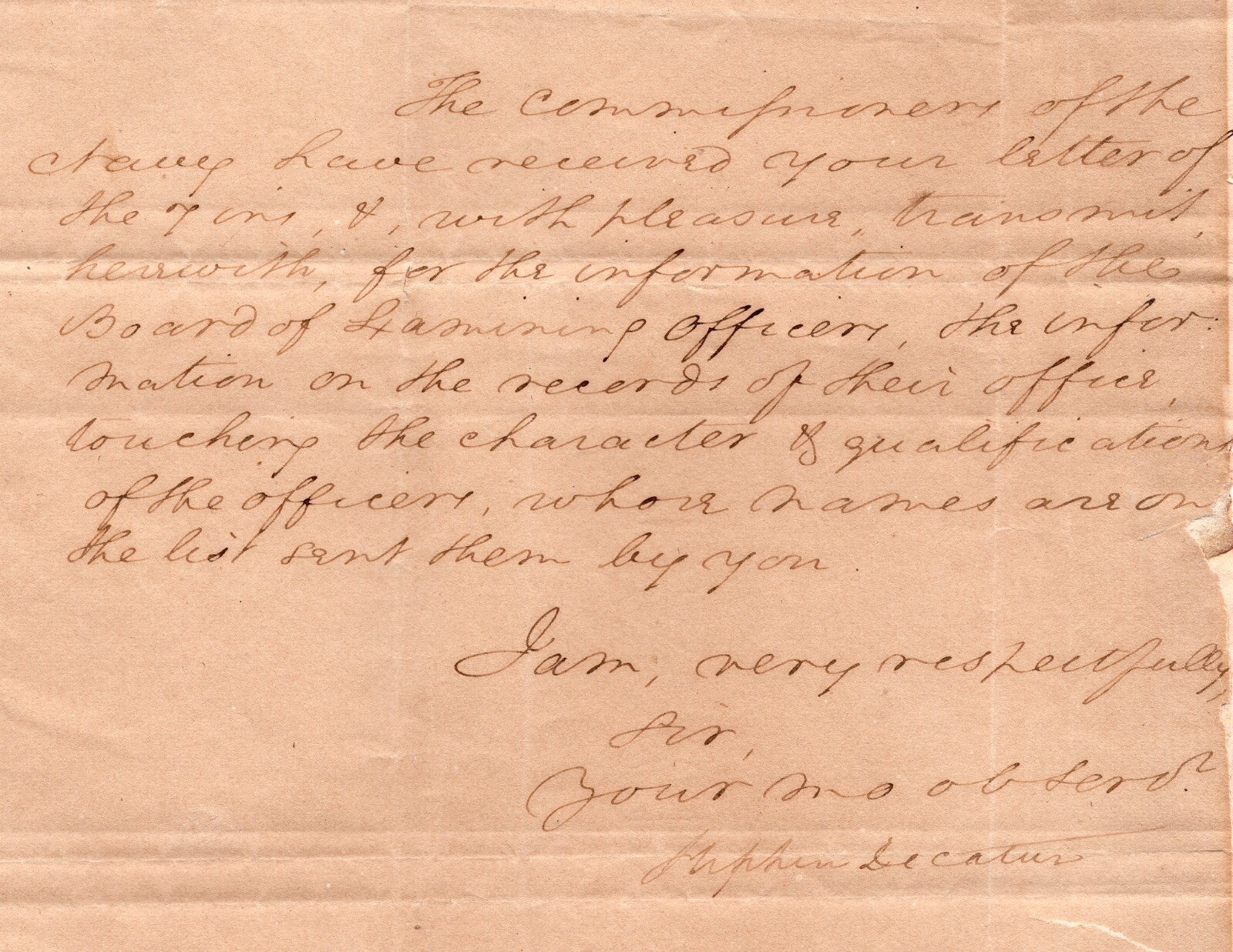 1819 Stephen Decatur **SIGNED** LS to War of 1812 Navy Commodore John Rodgers 1819 Stephen Decatur **SIGNED** LS to War of 1812 Navy Commodore John Rodgers