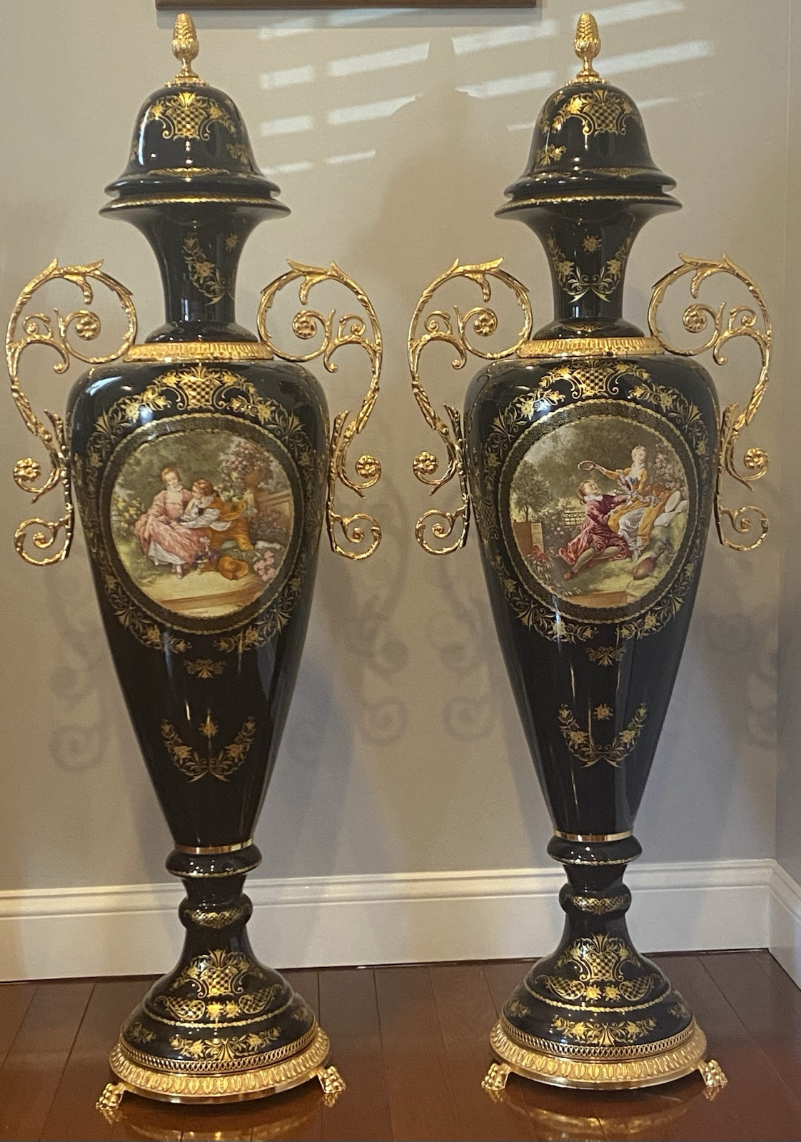 PAIR  Of Large Cobalt Blue Limoges Porcelain Vases Urn Victorian 52”
