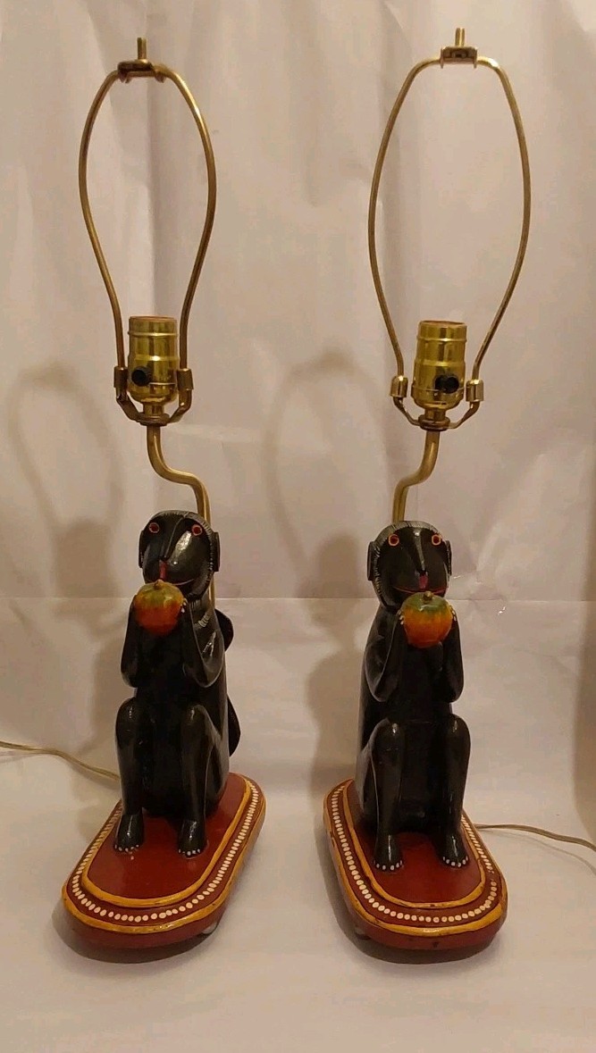 Antique Indian Folk Art Polychromed Carved Wood 1870's Monkey Lamp Set-23 Antique Indian Folk Art Polychromed Carved Wood 1870's Monkey Lamp Set-23