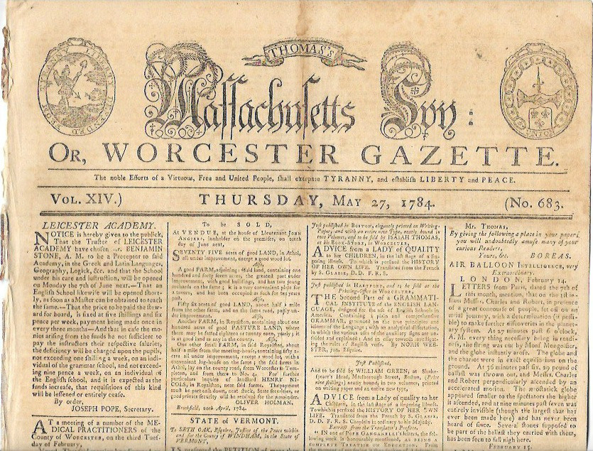 Thomas Massachusetts Spy May 27, 1784 Paul Revere Masthead Constitution Thomas Massachusetts Spy May 27, 1784 Paul Revere Masthead Constitution