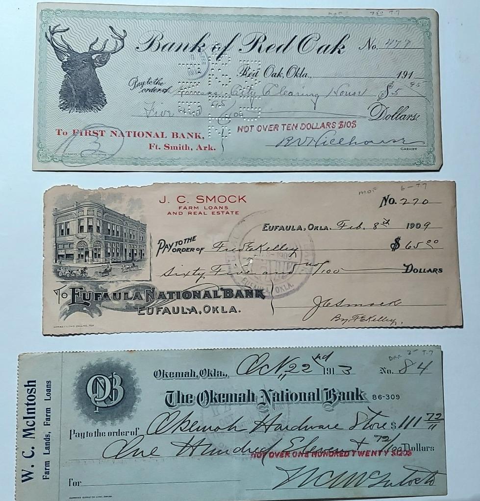 Oklahoma Bank Checks Towns of Enfaula, Red Oak and Okemah 1909-1913