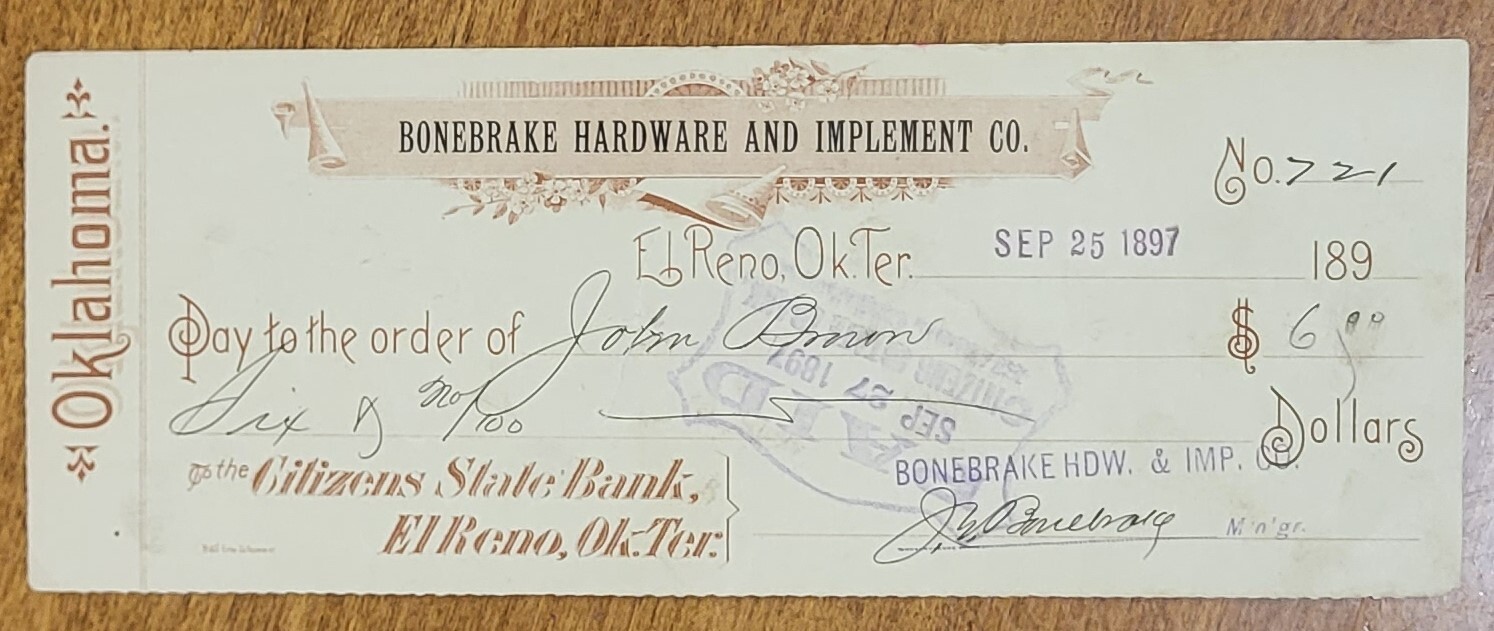 250 Dealer Lot Bank Check Receipt 1897 El Reno Oklahoma Bonebrake Hardware 250 Dealer Lot Bank Check Receipt 1897 El Reno Oklahoma Bonebrake Hardware