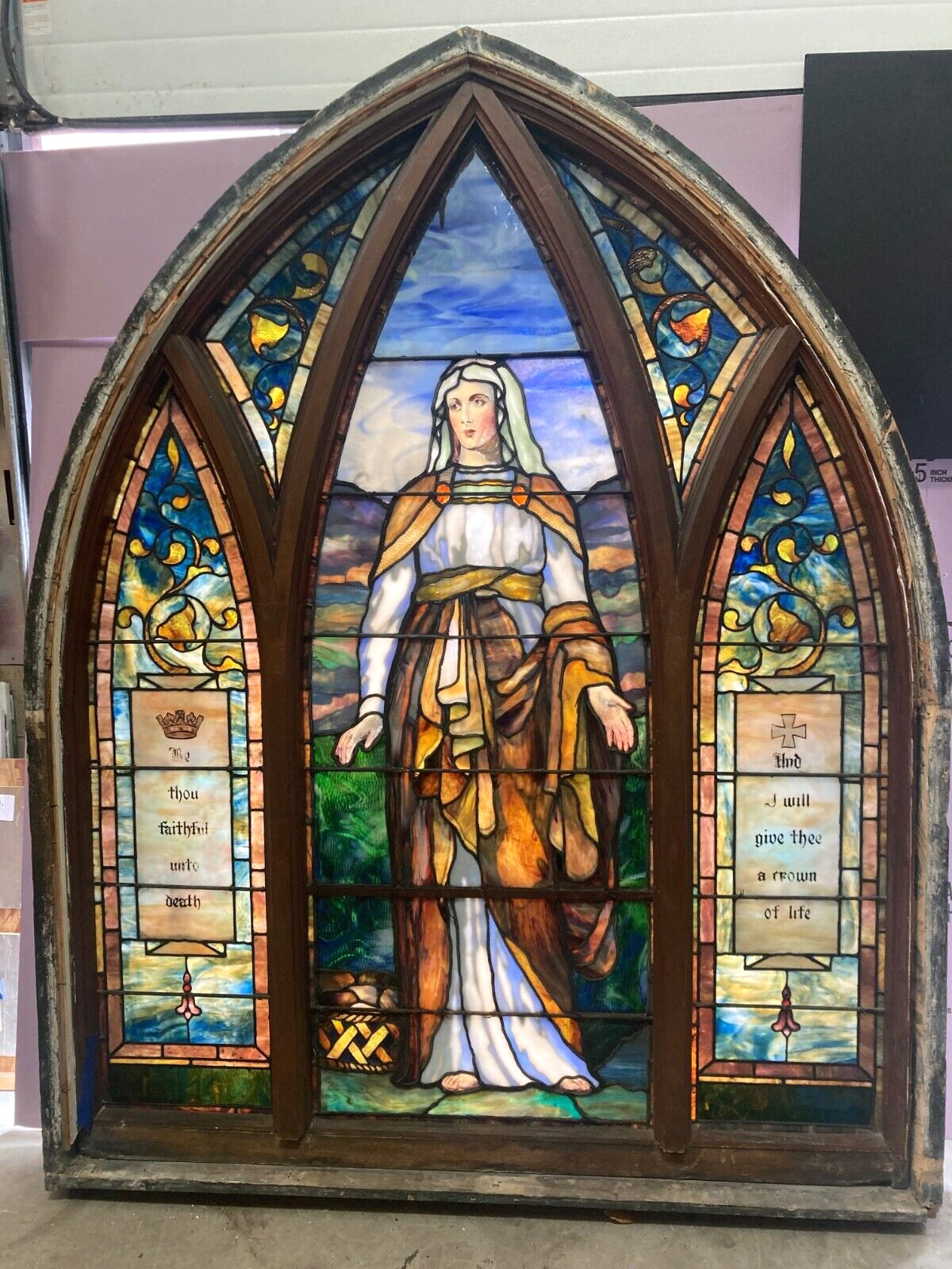 Older J.R. Lamb Studios Stained Glass Church Window in Frame (#20) Tiffany Style