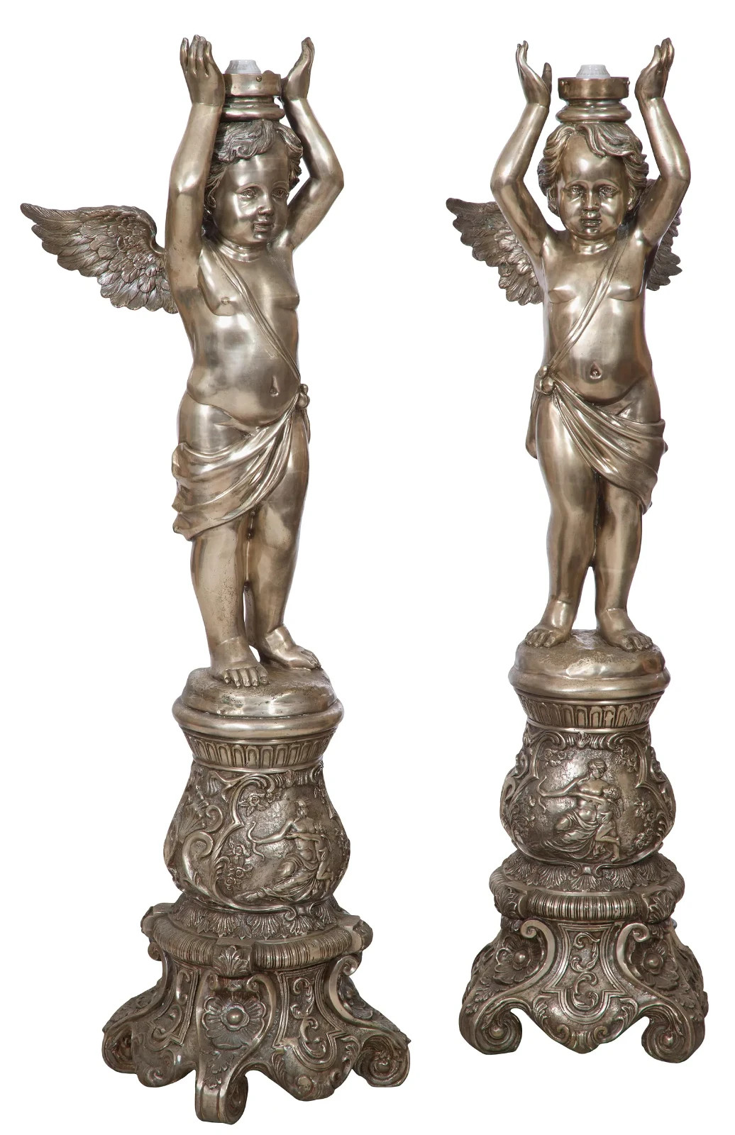 RARE MONUMENTAL Antique Pair of Silvered Bronze Cherub Floor Torchieres-61 RARE MONUMENTAL Antique Pair of Silvered Bronze Cherub Floor Torchieres-61