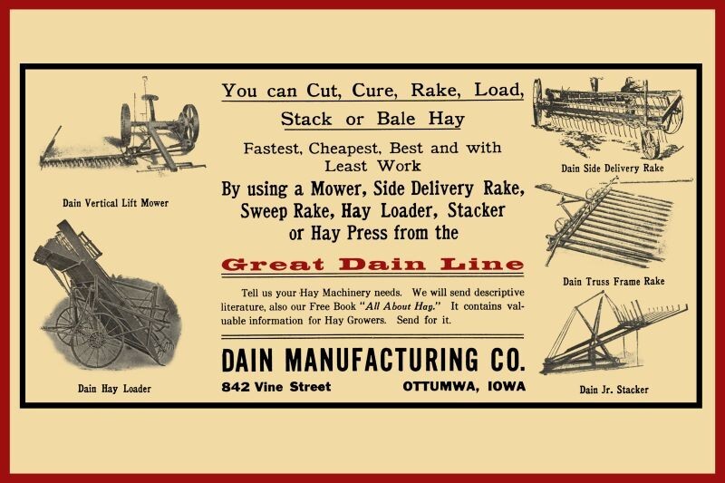 1910 Dain Mfg. Implements, Ottumwa, Iowa NEW Sign 24