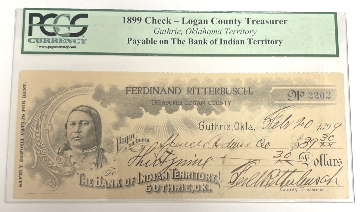 1899 Check Logan County Treasurer Guthrie Oklahoma Territory Bank of Indian PCGS 1899 Check Logan County Treasurer Guthrie Oklahoma Territory Bank of Indian PCGS