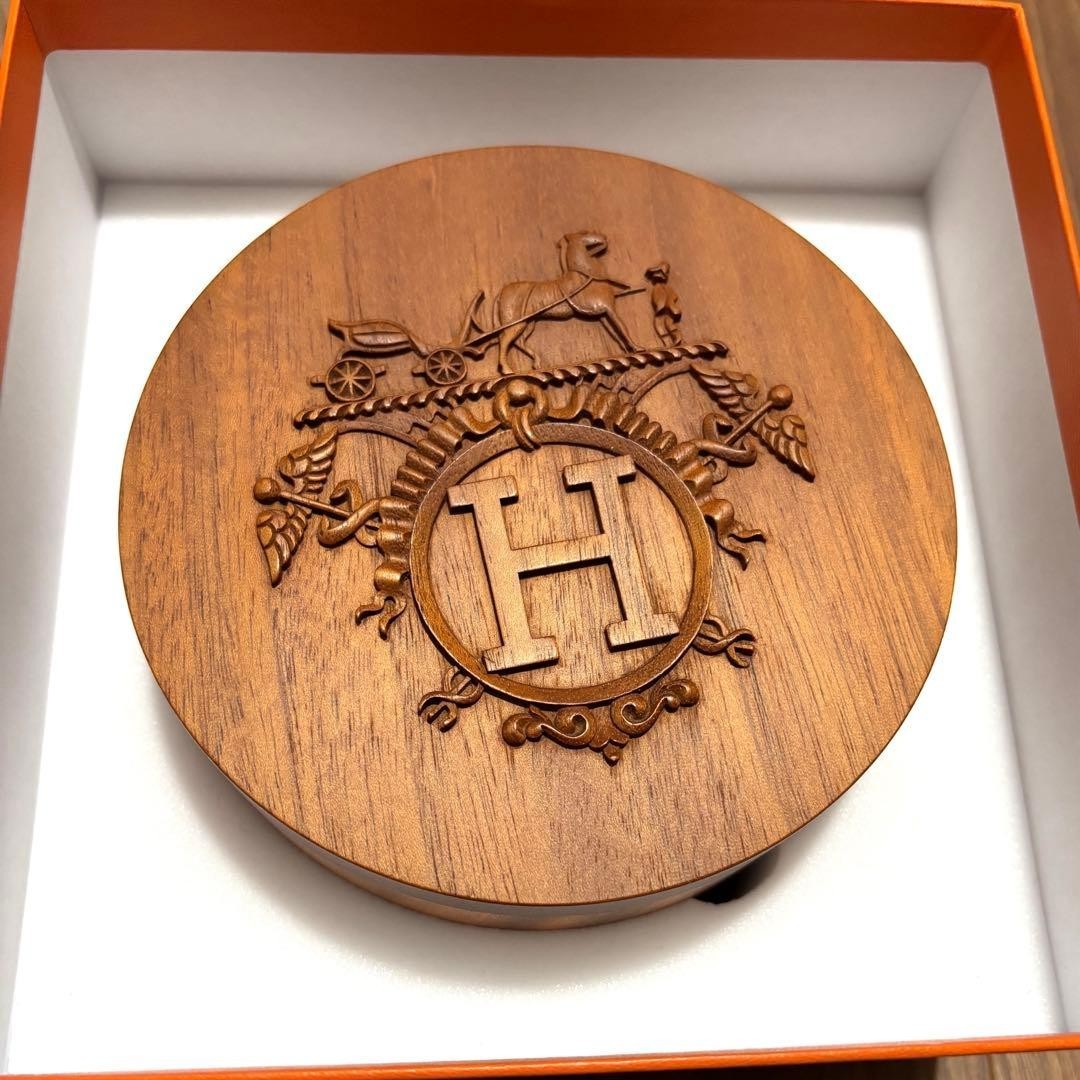 Rare HERMES Mahogany Wooden Box Ex-Libris H Logo Carved Unused D5in×H3in