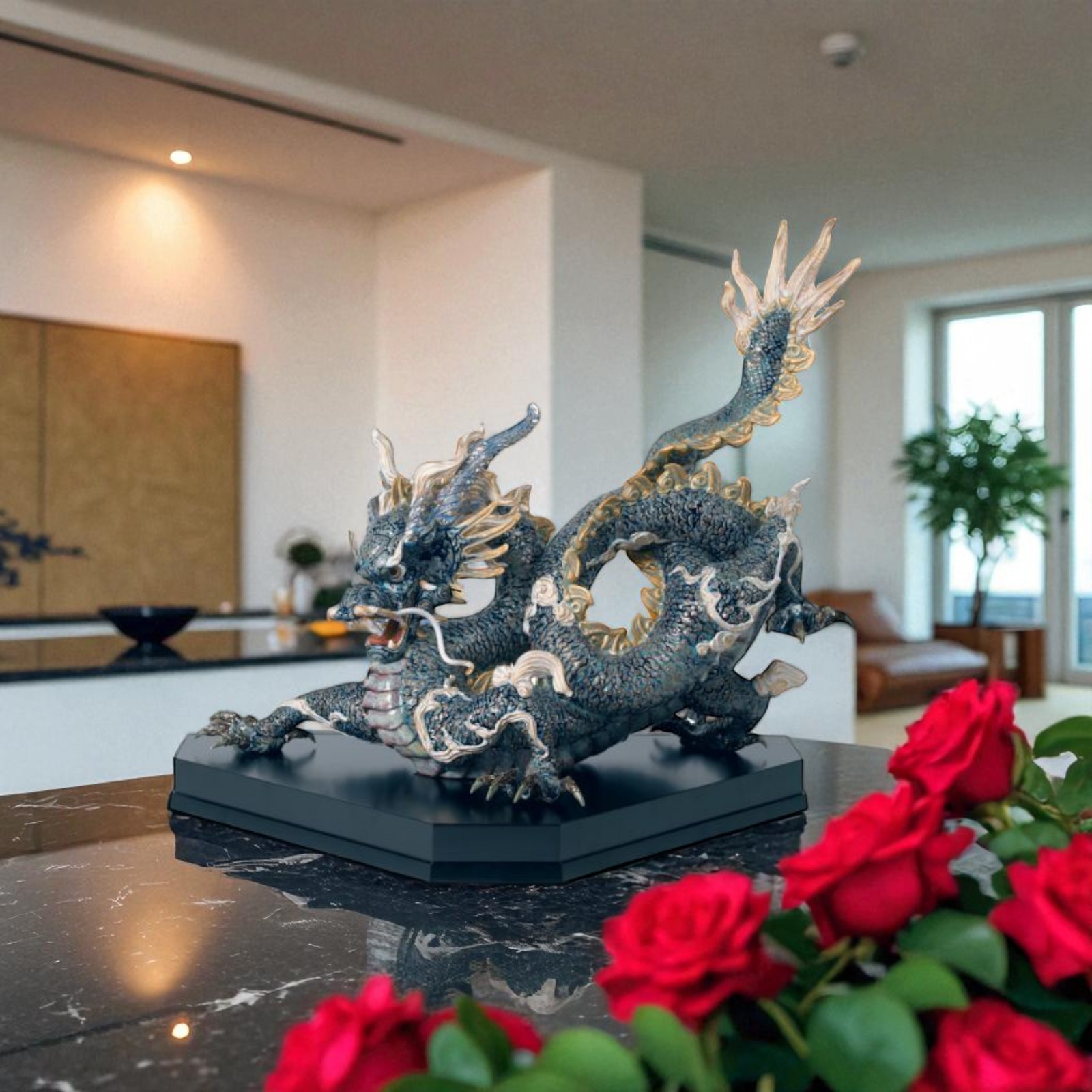 Lladro Great Dragon Sculpture. Golden Lustre and Blue. Limited Edition 01001934