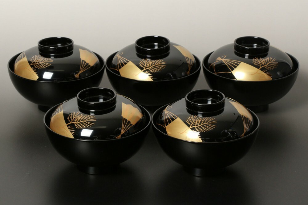 Owan Japanese soup bowl Echizen Lacquerware Handcraft Fan Pine set of 5