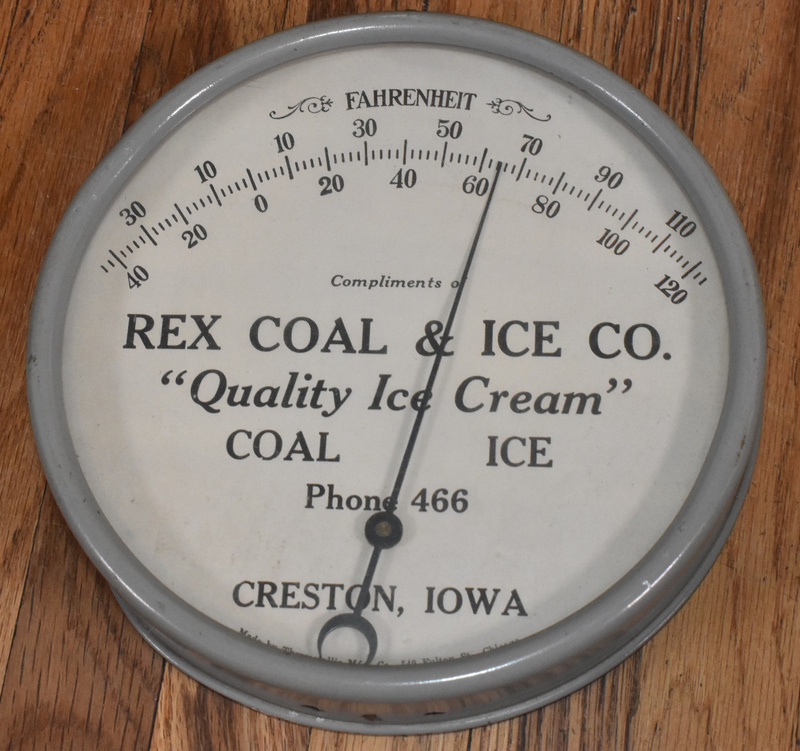 Vintage Rex Coal & Ice Co CRESTON IOWA Advertising Thermometer Quality Ice Cream Vintage Rex Coal & Ice Co CRESTON IOWA Advertising Thermometer Quality Ice Cream
