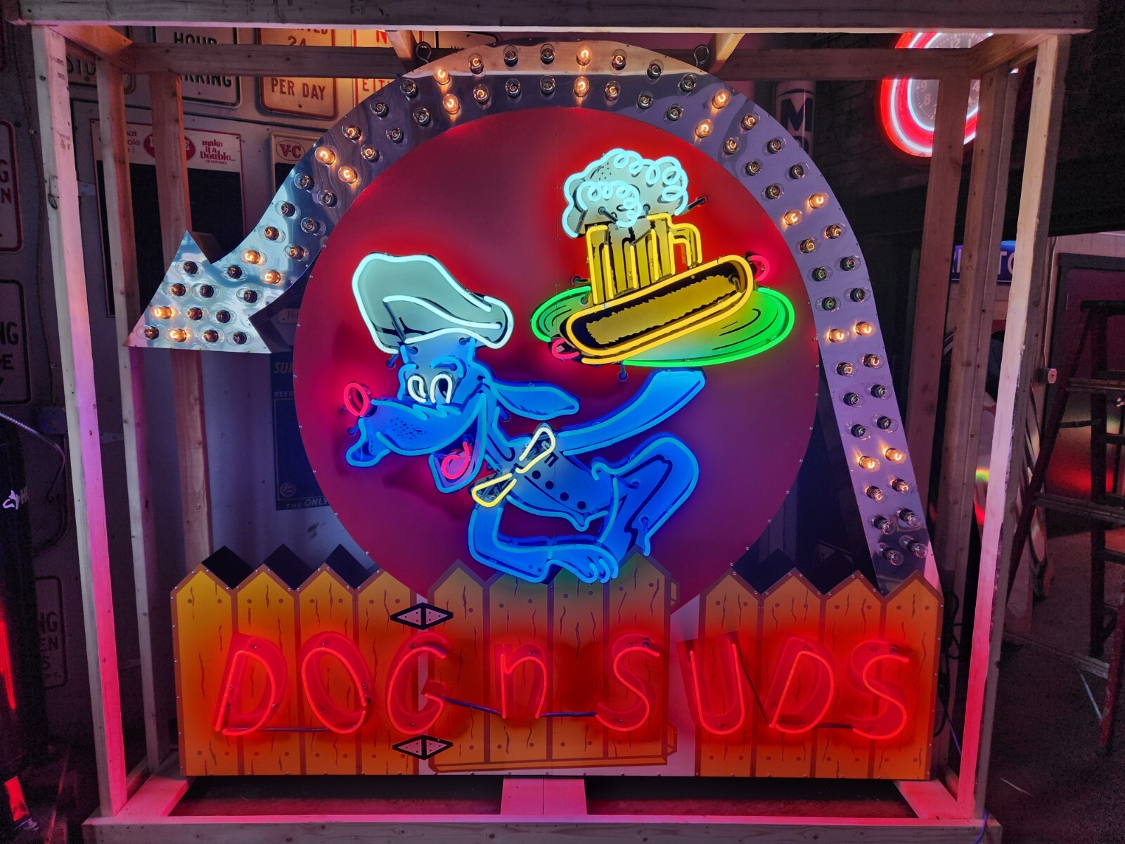 New Dog n' Suds Painted Neon Sign w/ Chaser Lights 106 IN W x 96 IN H New Dog n' Suds Painted Neon Sign w/ Chaser Lights 106 IN W x 96 IN H