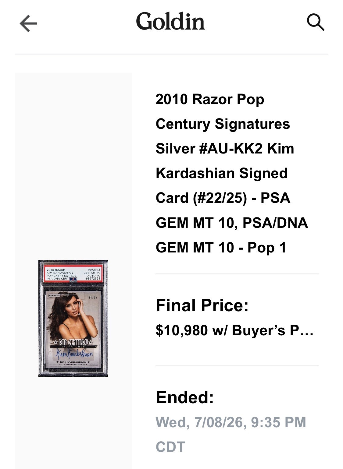 2010 Leaf Pop Century Gold Kim Kardashian Auto BGS 10/10 PRISTINE 5/5 Rarest 1. 2010 Leaf Pop Century Gold Kim Kardashian Auto BGS 10/10 PRISTINE 5/5 Rarest 1.