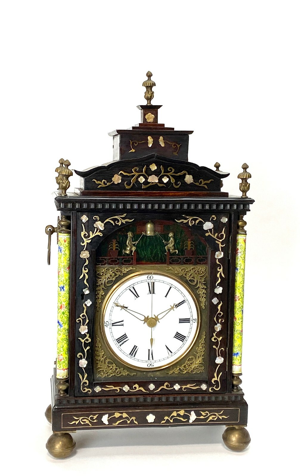 Antique Chinese Mother of Pearl Inlaid Automaton Figure Enamel Bracket Clock Antique Chinese Mother of Pearl Inlaid Automaton Figure Enamel Bracket Clock