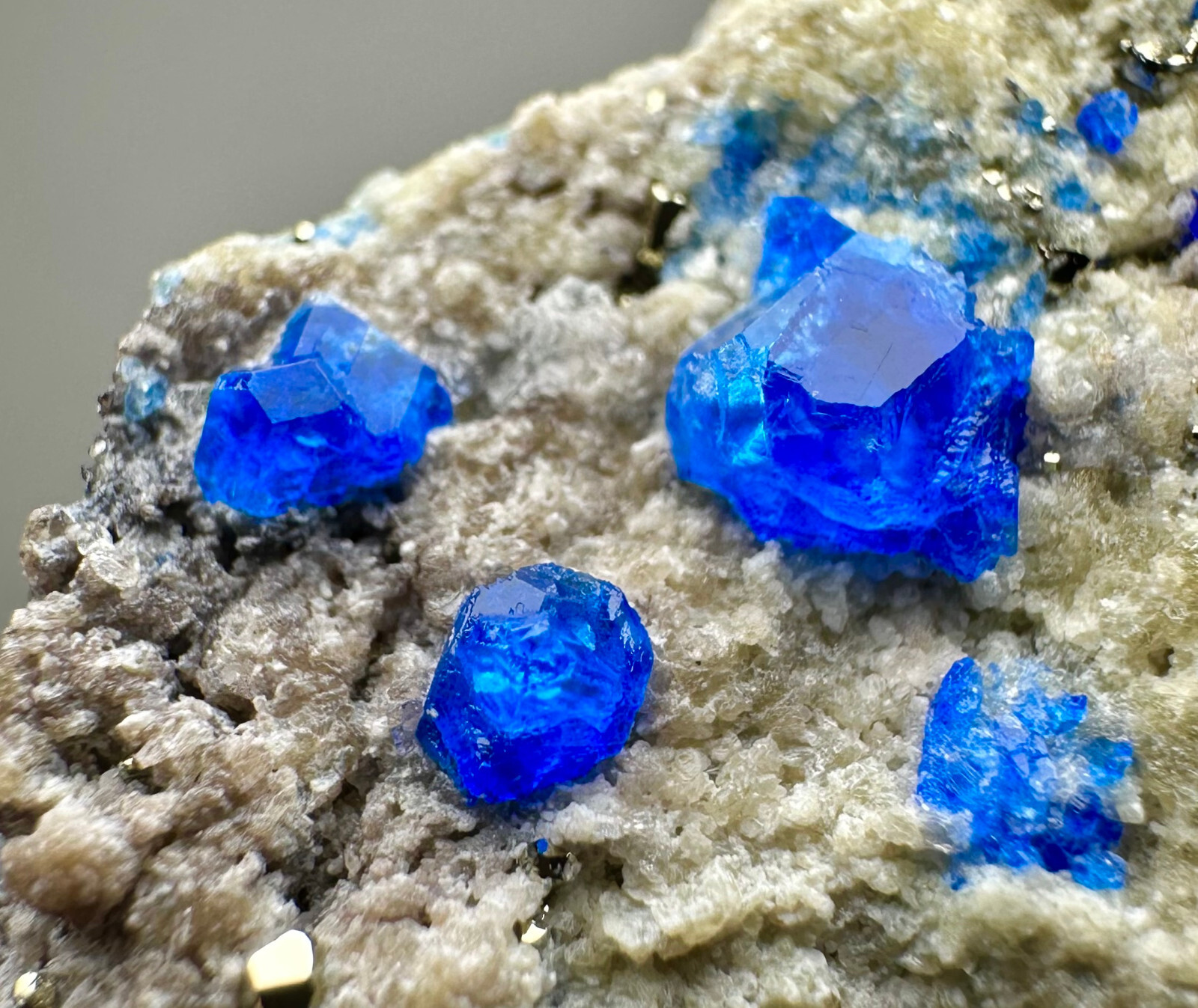 51 Gr. Fluorescent Rare Vivid Blue Gemmy Haüyne Crystals, Pyrites On Matrix @Af 51 Gr. Fluorescent Rare Vivid Blue Gemmy Haüyne Crystals, Pyrites On Matrix @Af