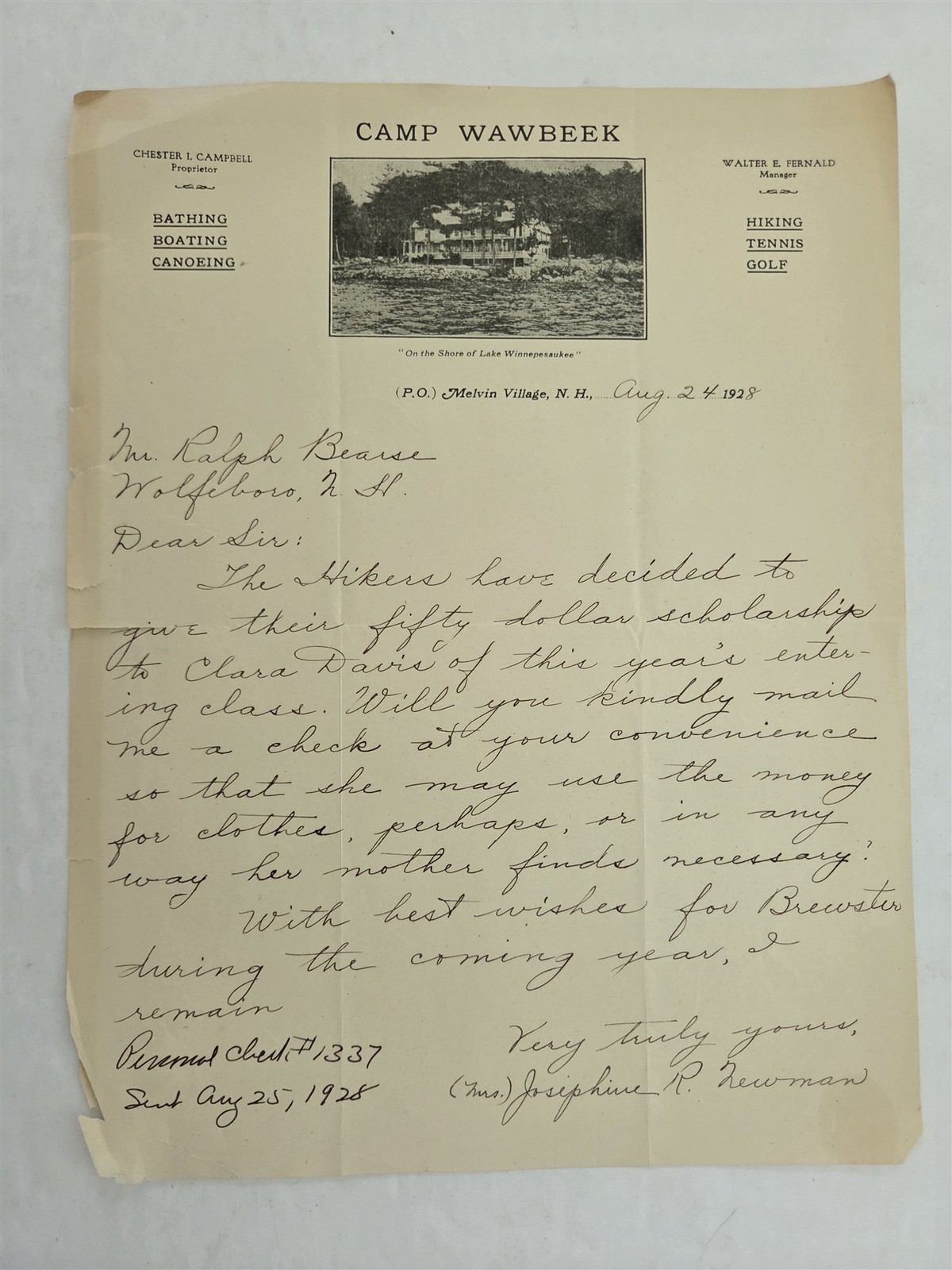 1928 antique CAMP WAWBEEK melvin village nh LETTER scholarship Clara D. Newman 1928 antique CAMP WAWBEEK melvin village nh LETTER scholarship Clara D. Newman