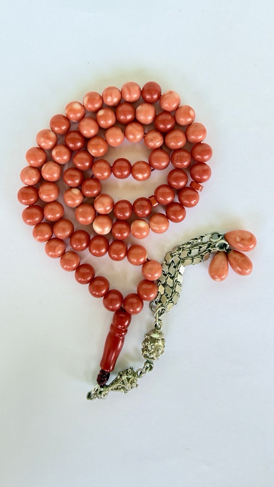 Antique Mediterranean red coral Silver Tassel islamic prayer 66 beads 53 grms R Antique Mediterranean red coral Silver Tassel islamic prayer 66 beads 53 grms R