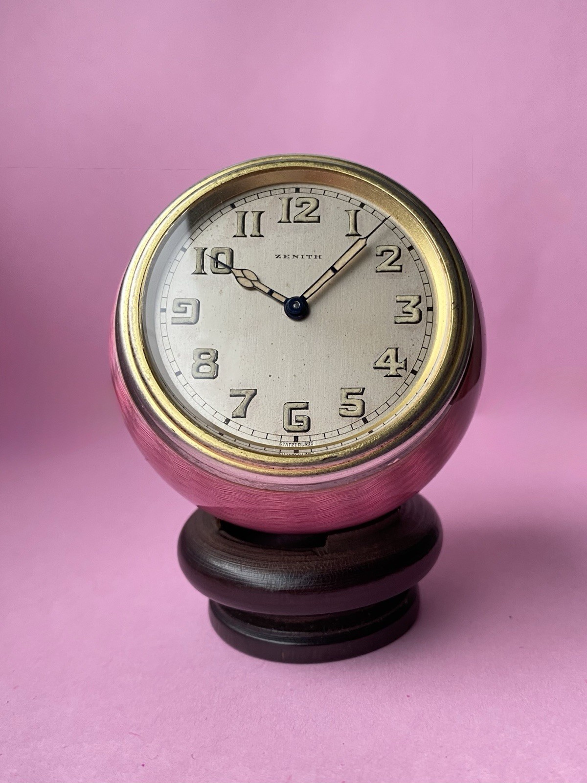 Exceptional 1929 Zenith Art Deco pink guilloche enamel 8 day desk ball clock Exceptional 1929 Zenith Art Deco pink guilloche enamel 8 day desk ball clock