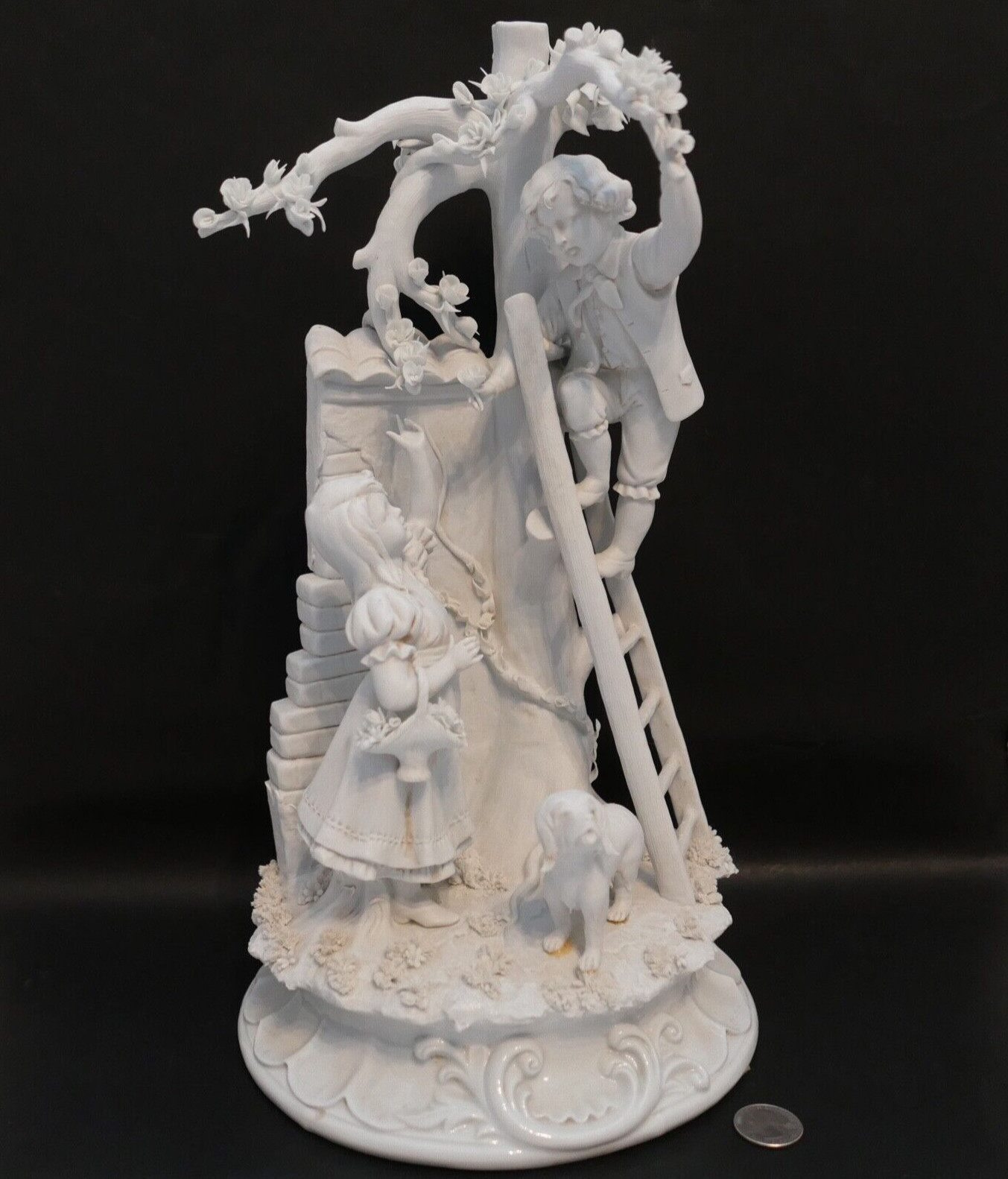 Large Signed TICHE Porcelain Capodimonte Boy Girl Dog Tree by Giorgio Galletti