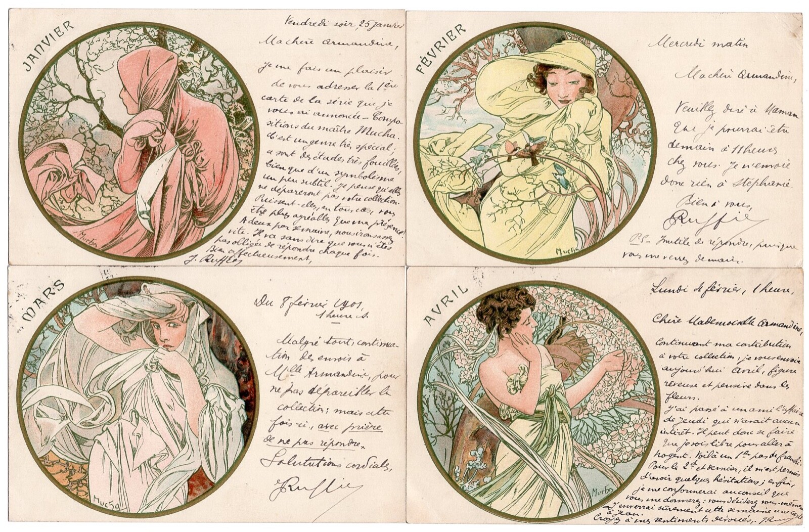 COMPLETE SET OF 12 MUCHA POSTCARDS, MONTHS OF THE YEAR, WRITTEN IN FRENCH 1901 COMPLETE SET OF 12 MUCHA POSTCARDS, MONTHS OF THE YEAR, WRITTEN IN FRENCH 1901