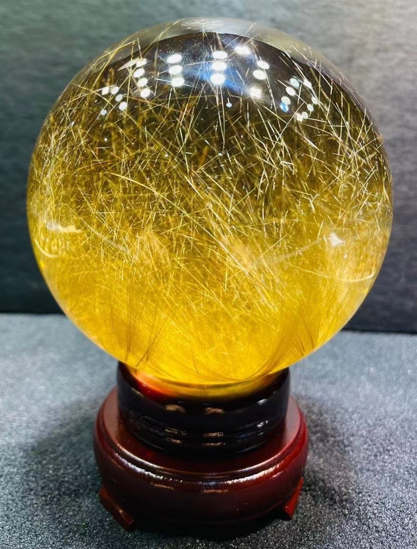 100mm Collect rare Natural Rutilated golden Sphere Quartz Crystal ball Energy