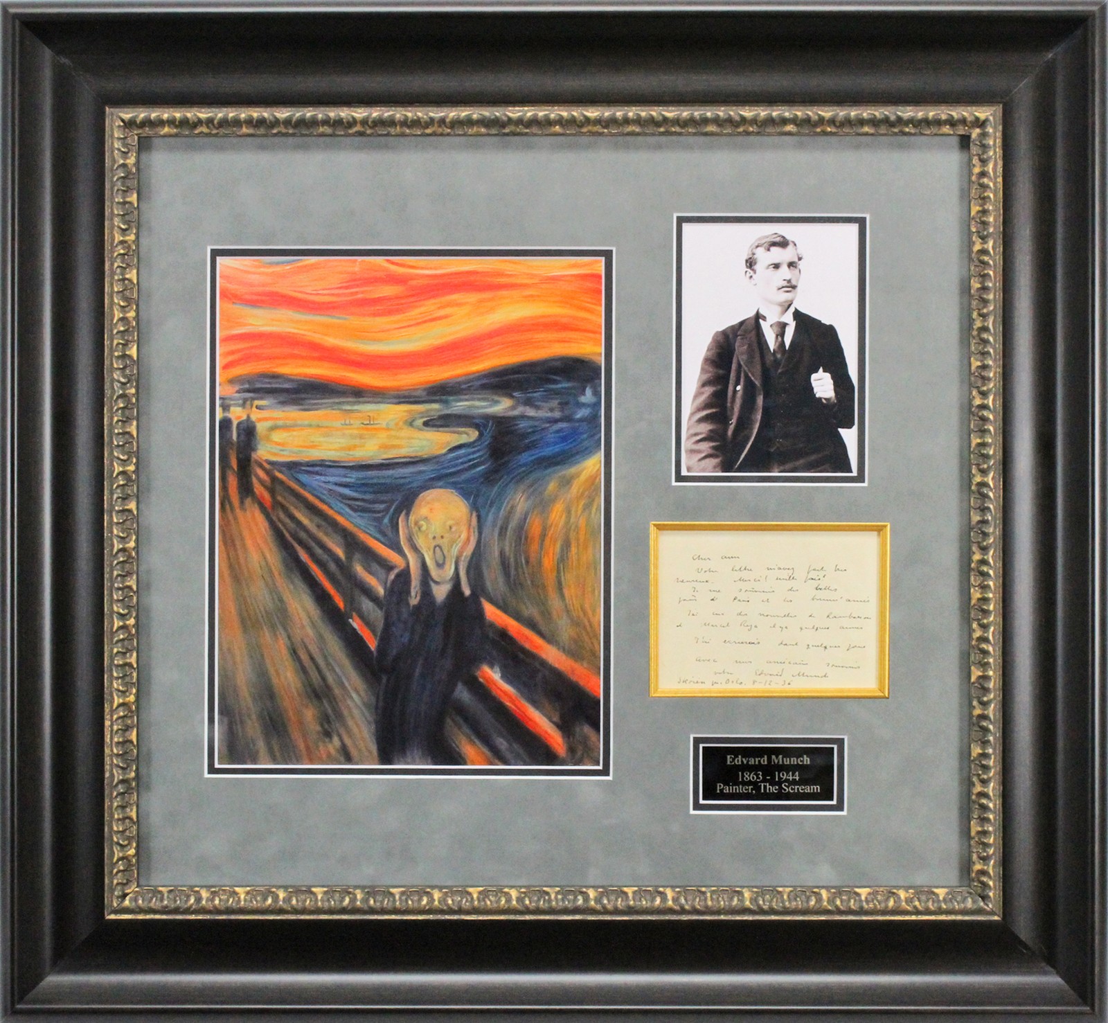 Edvard Munch Authentic Signed & Framed 4x5.5 Letter The Scream Display BAS Edvard Munch Authentic Signed & Framed 4x5.5 Letter The Scream Display BAS