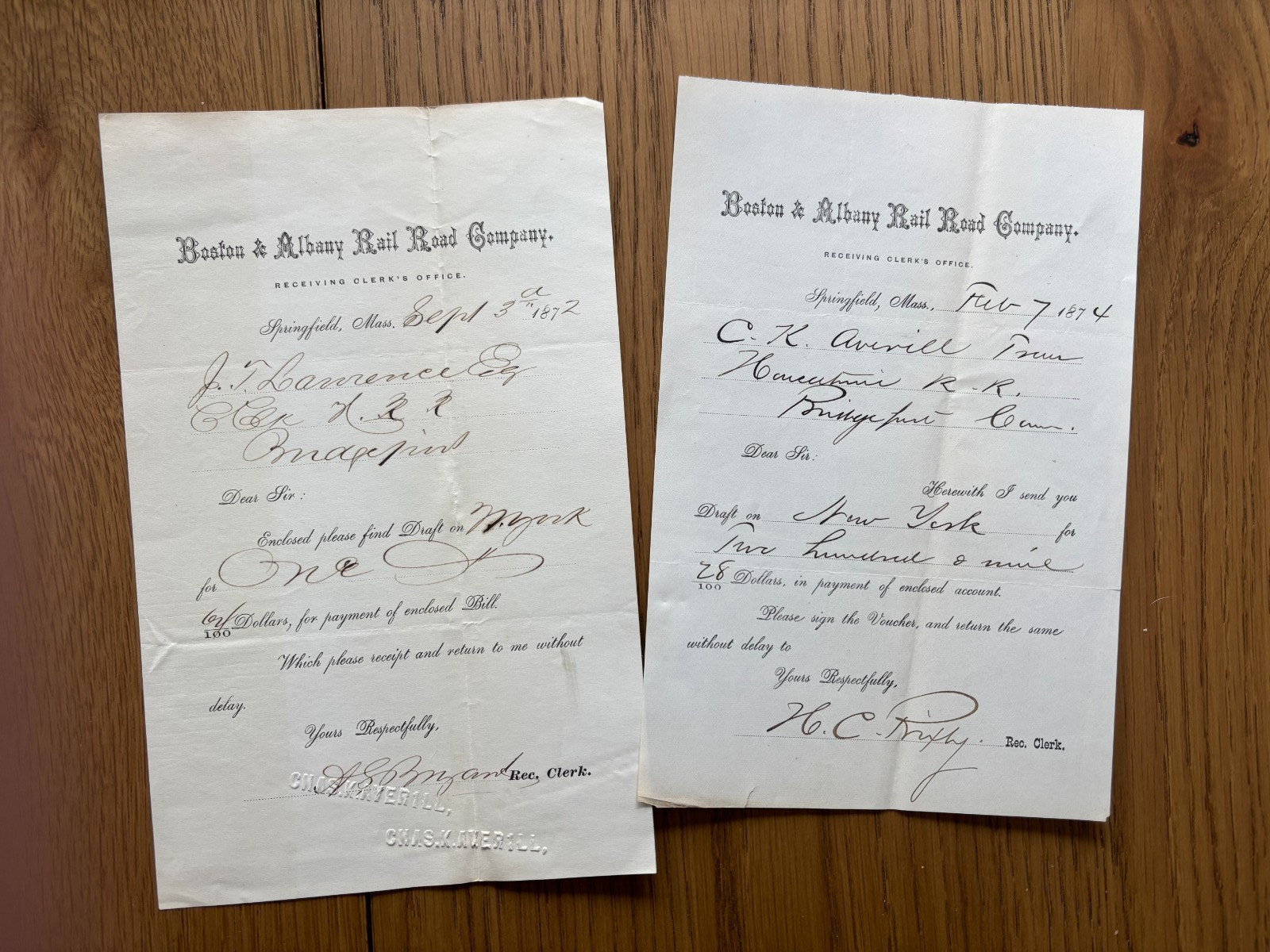 1872/74 two receipts BOSTON ALBANY RAILROAD CO 2 HOUSATONIC RAILROAD money draft 1872/74 two receipts BOSTON ALBANY RAILROAD CO 2 HOUSATONIC RAILROAD money draft