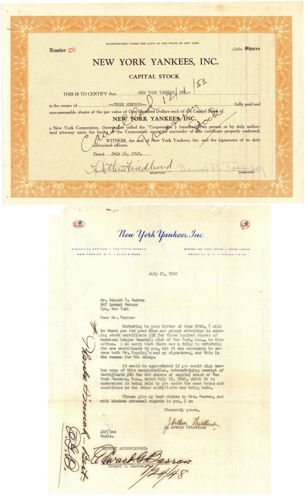 Only Known New York Yankees Treasury Stock Certificate in Private Hands - 1948 Only Known New York Yankees Treasury Stock Certificate in Private Hands - 1948