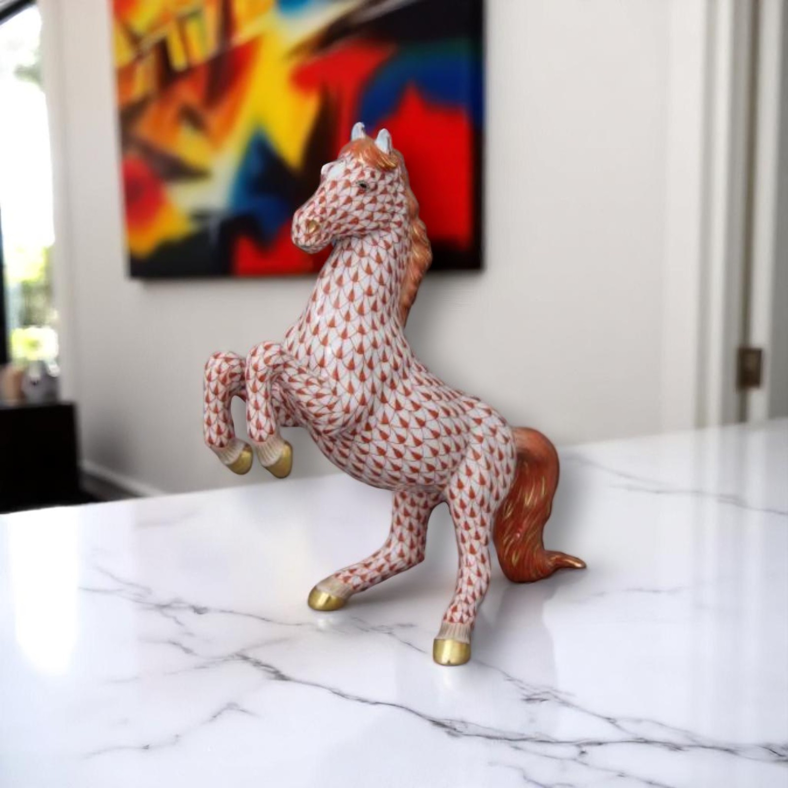 Herend Prancing Horse Red Fishnet Figurine Made in Hungary Herend Prancing Horse Red Fishnet Figurine Made in Hungary