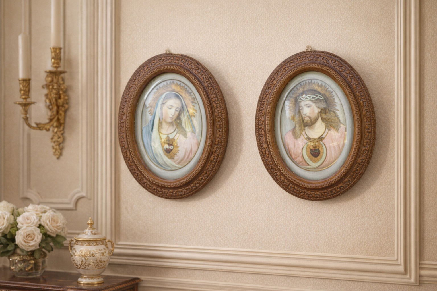 Antique set of 2 frames Jesus Christ Sacred Heart & Virgin Mary with relief 3D w Antique set of 2 frames Jesus Christ Sacred Heart & Virgin Mary with relief 3D w