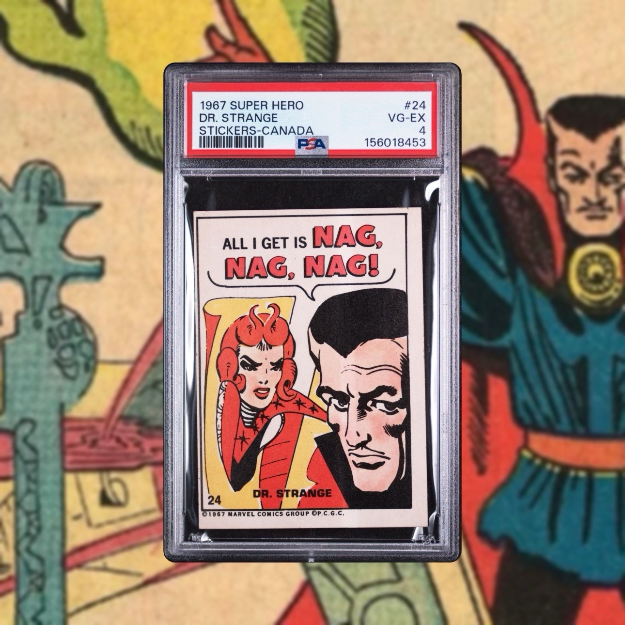 1967 PHILADELPHIA MARVEL SUPER HERO STICKERS CANADA #24 DR. STRANGE ROOKIE PSA 4 1967 PHILADELPHIA MARVEL SUPER HERO STICKERS CANADA #24 DR. STRANGE ROOKIE PSA 4