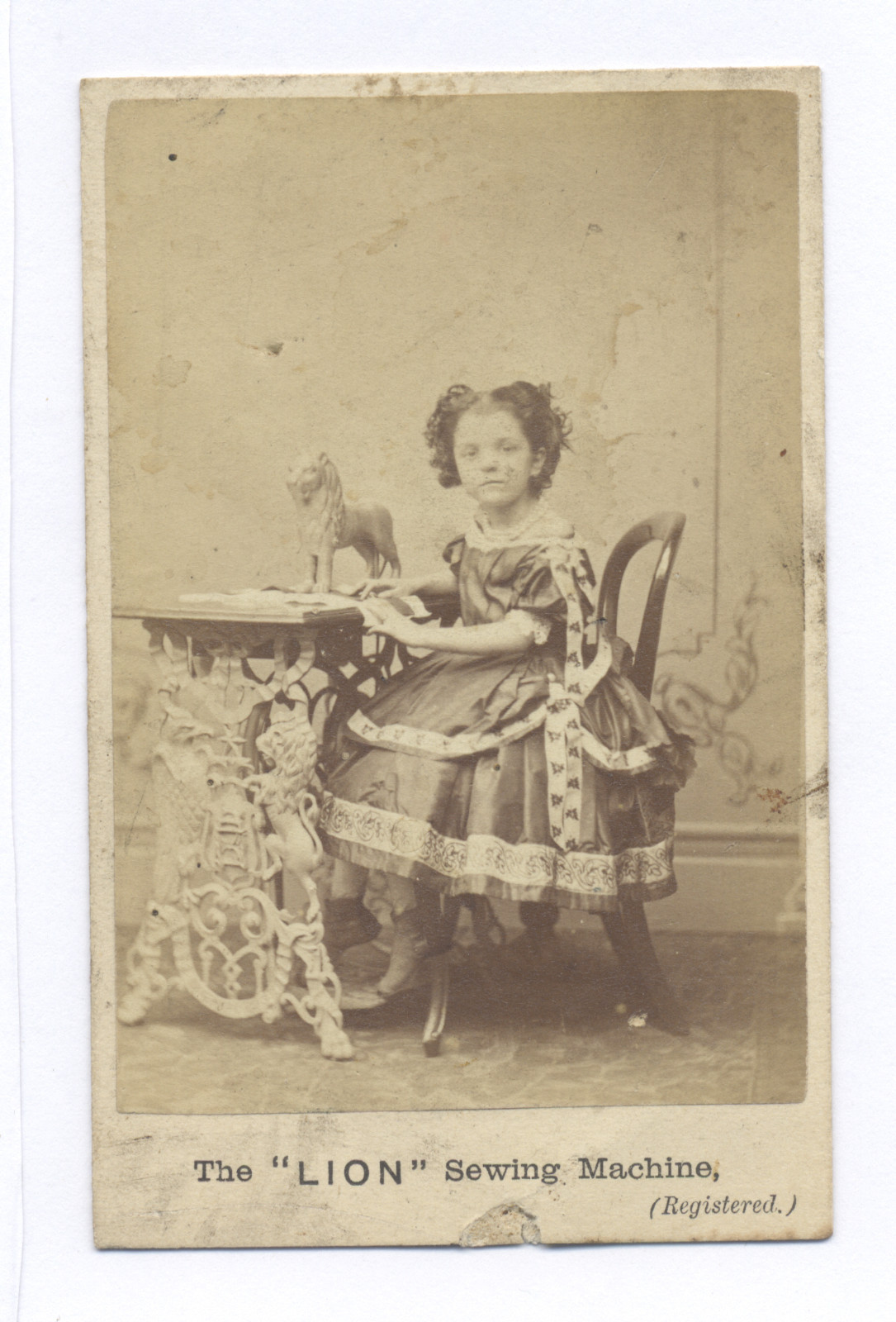 1860s-1870s CDV PHOTO, RARE CAST IRON LION FIGURAL SEWING MACHINE W/ GIRL SEATED