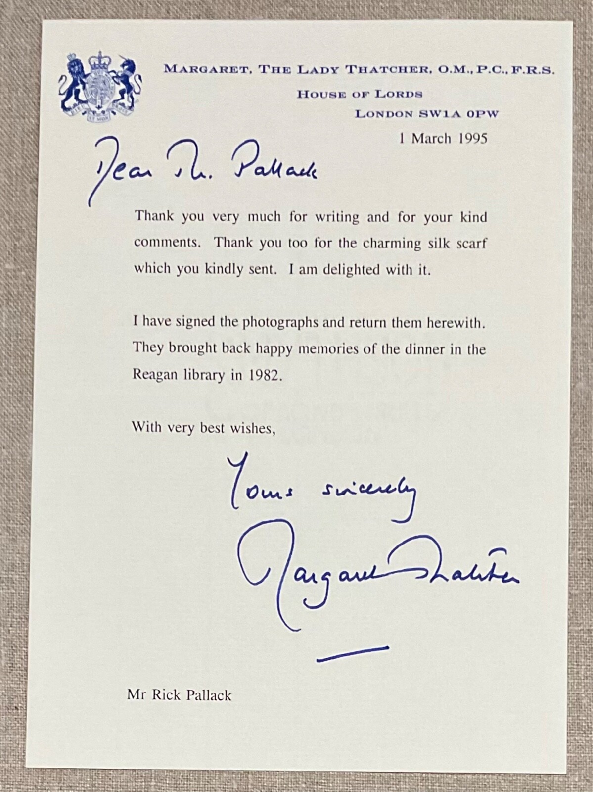 Prime Minister The Lady Margaret Thatcher Original Autographed Signed Letter Prime Minister The Lady Margaret Thatcher Original Autographed Signed Letter