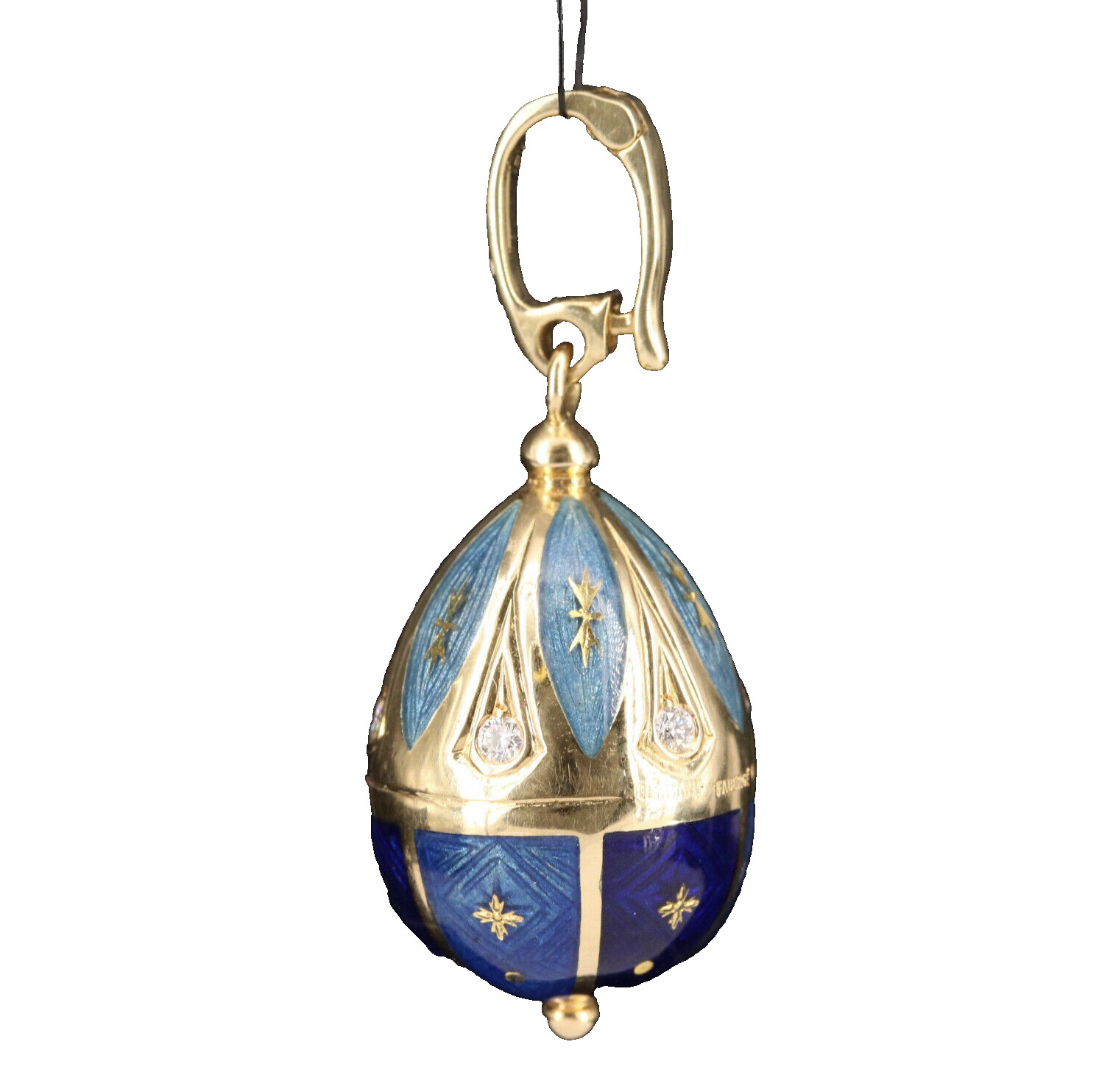FABERGE Egg Three Shades of Blue Enamel Guilloche Diamond Pendant Signed 152/300 FABERGE Egg Three Shades of Blue Enamel Guilloche Diamond Pendant Signed 152/300
