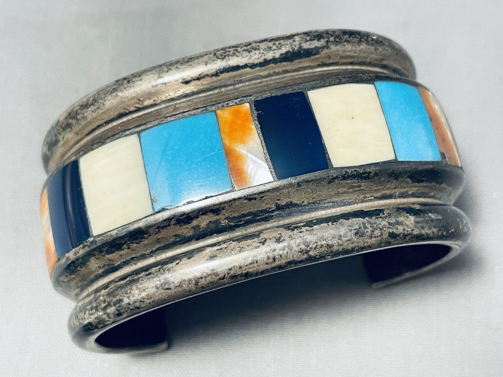 161 GRAMS HEAVY VINTAGE NAVAJO TURQUOISE INLAY STERLING SILVER BRACELET OLD