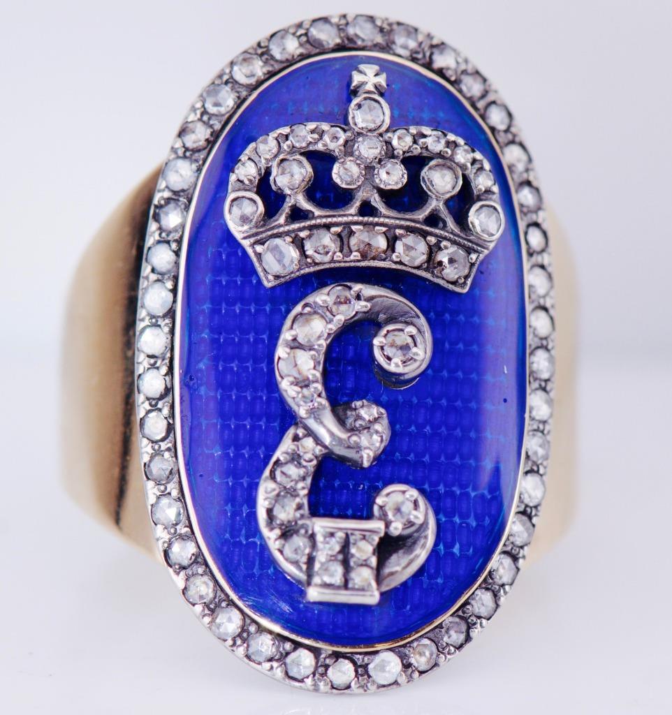 Antique Empire Award Ring 14k Gold Enamel Diamond-Empress Catherine II Monogram Antique Empire Award Ring 14k Gold Enamel Diamond-Empress Catherine II Monogram