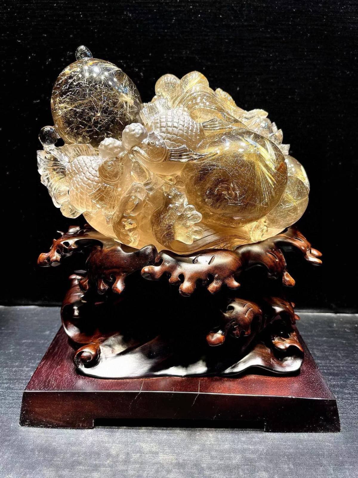 8.1LB Natural Golden Rutilated Quartz Goldfish Crystal Mineral Reiki Decor+Stand