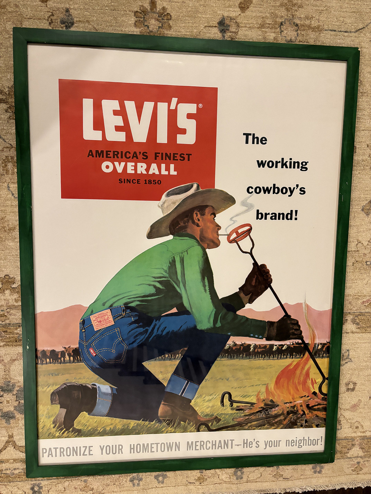 Vintage 1940s–50s Levi’s Store Poster – Cowboy Branding Cattle – Museum Quality Vintage 1940s–50s Levi’s Store Poster – Cowboy Branding Cattle – Museum Quality