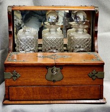 RARE Antique, ca 1800's, London, Oak & Brass Tantalus w/Decanters & Original Key picture